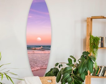 Quadro decorativo de parede com prancha de surf ao pôr do sol na praia, estilo boho costeiro, impressão em Dibond.