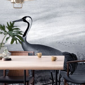 Schwarz-weiße Vogel Wallpaper, Vintage Wandbild | Abziehen und aufkleben (selbstklebend) oder nicht klebendes Vinylpapier