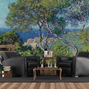 Baum Landschaft Tapete, Blätter und Meer, Vintage Wandbild, szenische Tapete | Schälen und aufkleben (selbstklebend) oder nicht klebendes Vinylpapier