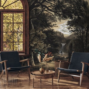 Vintage Bäume Wallpaper mit Wasserfall im Hintergrund | Schälen und aufkleben (selbstklebend) oder nicht klebendes Vinylpapier