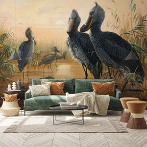 Abstrakte Vogel Tapete mit Landschaft | Abziehen und aufkleben (selbstklebend) oder nicht klebendes Vinylpapier