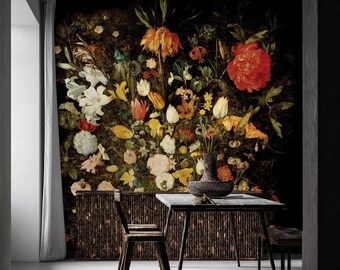 Colorful old floral painting wallpaper, Peel & Stick, Self Adhesive Removable Wall Mural