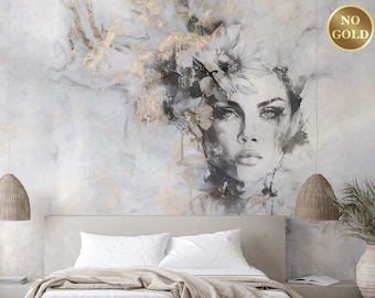 Papel de parede abstrato com retrato de mulher, mural de parede grunge de concreto, autoadesivo.