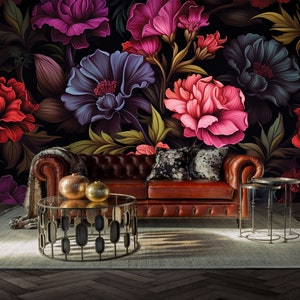 Murale floreale scuro con fiori rosa e blu, carta da parati botanica scura/stacca e incolla (autoadesivo) o carta vinilica non adesiva