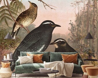 Vintage Birds Wallpaper, Scenic Landscape, Peel and Stick Vinyl