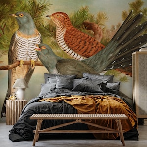 Bird wallpaper with branches, abstract wall art | Peel and Stick (Self Adhesive) or Non Adhesive Vinyl Paper