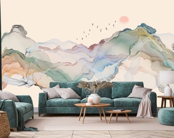 Abstract japanese art wallpaper, painted landscape mural | self-adhesive, removable, peel & stick wall mural