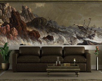May include: A brown leather sofa with a wooden coffee table in front of it. The wall behind the sofa features a large painting of a stormy sea with ships crashing against the rocks.