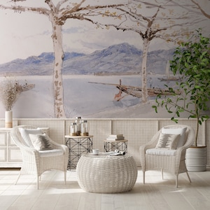 Pastel landscape mountain wallpaper, scenic wall art | Peel and Stick (Self Adhesive) or Non Adhesive Vinyl Paper