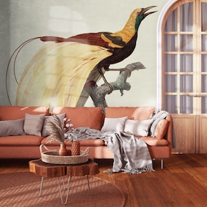 Exotischer gelber Vogel Vintage Wallpaper, Ornithologie Wandkunst | Abziehen und aufkleben (selbstklebend) oder nicht klebendes Vinylpapier