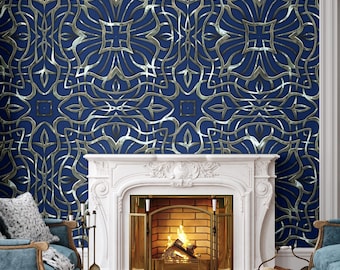 Papel de parede azul art déco, padrão prateado régio, vinil autoadesivo.