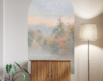 Adesivo de parede vintage com paisagem em arco, papel de parede removível.