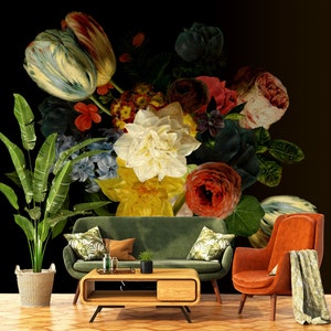 May include: A still life featuring a colorful bouquet of flowers in a vase, with a green sofa and an orange armchair in the foreground. The flowers include tulips, roses, and other blooms in shades of red, yellow, white, and blue.