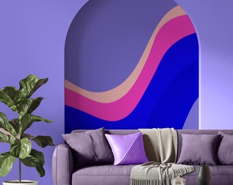 Adesivo de parede em arco com ondas em tons pastel do arco-íris, pássaros no mar, papel de parede removível.