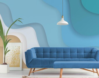 Abstract blue and beige waves wallpaper | self-adhesive, removable, peel & stick wall mural