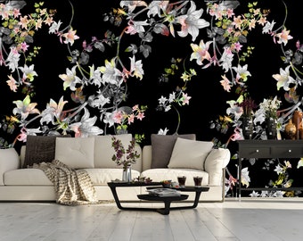 Dark wallpaper with hanging flowers | self-adhesive, removable, peel and stick wall mural