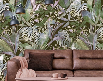 Watercolor tropical wallpaper with banana and monstera leaf | self-adhesive, removable, peel & stick wall mural