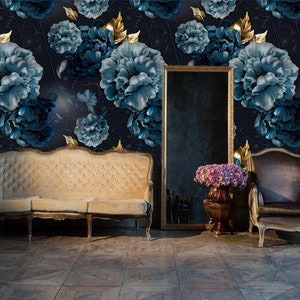 Dark blue and gold matte peony mural* | self-adhesive wallpaper, removable, peel and stick wall mural, wall decor