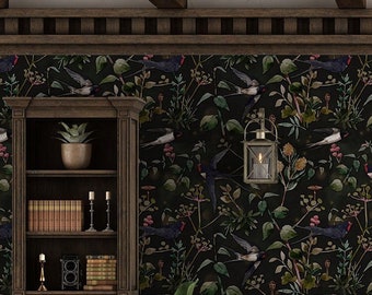 Dark botanical mural with swallow bird pattern* | self-adhesive wallpaper, removable, peel and stick wall mural, wall decor