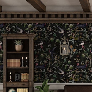 Dark botanical mural with swallow bird pattern* | self-adhesive wallpaper, removable, peel and stick wall mural, wall decor