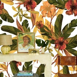 Tropisches grünes und gelbes Blatt, rote Hibiskus-Tapete, Aquarelldruck, Schälen und aufkleben, Wanddekor, selbstklebendes Wandbild, entfernbar