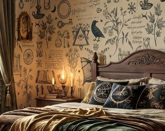 Papel de Parede Alquimia Bege, Corvos, Morcegos, Símbolos Místicos, Decoração para Casa, Arte de Parede, Autoadesivo