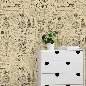 Yellow wallpaper with writings, healing potions and mystic symbols | self-adhesive, removable, peel & stick wall mural