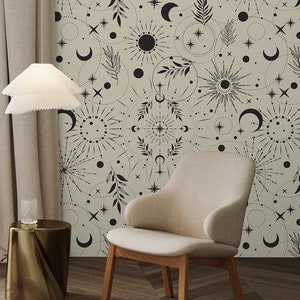 Ivory Art Deco Celestial Bodies & Leaves Pattern Wallpaper | Peel and Stick (Self Adhesive) or Non Adhesive Vinyl Paper