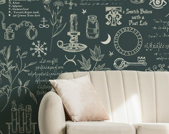 Papel de Parede Alquimia Verde Escuro, Corvos, Morcegos, Símbolos Místicos, Mural de Parede Autoadesivo