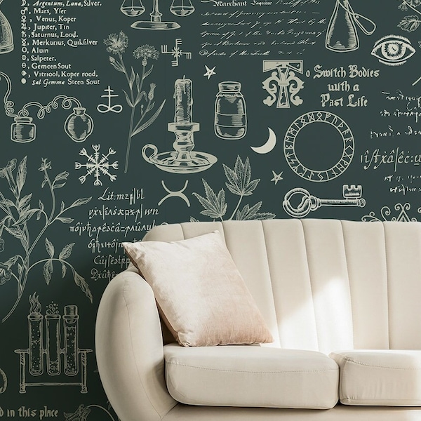 Mörkgrön alkemi tapet, korpar, fladdermöss, mystiska symboler, självhäftande väggmålning