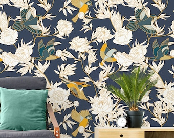 Blue wallpaper with birds and flowers, peel and stick floral wall mural