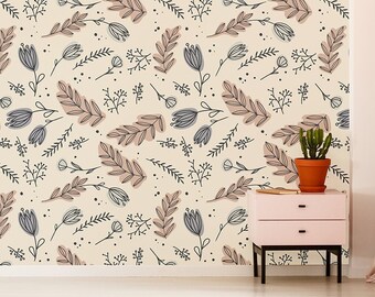 Beige Floral Leaf Wallpaper, Self Adhesive Botanical Wall Mural