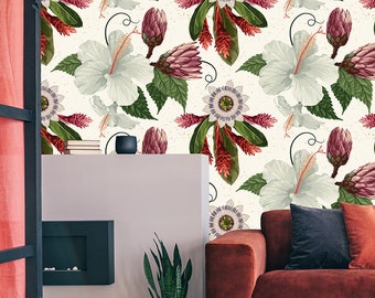 White tropical wallpaper with hibiscus flower motive | self-adhesive, removable, peel and stick wall mural