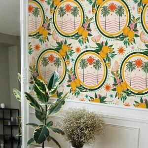 Summer Circle Tropical Boho Abstract Pattern Wallpaper, Palm Tree& Citrus Fruit | Peel and Stick (Self Adhesive) or Non Adhesive Vinyl Paper