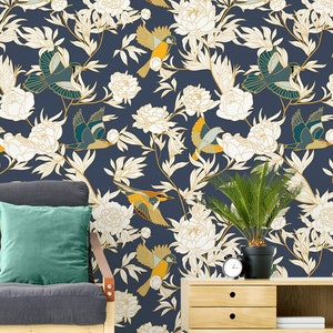 Carta da parati blu con uccelli e fiori, decorazione murale floreale stacca e incolla