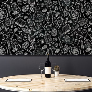 Papel pintado con patrón de alimentos en blanco y negro, impresión de restaurantes y cocinas / Peel and Stick (autoadhesivo) o papel de vinilo no adhesivo