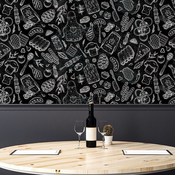 Black & White Food Pattern Wallpaper, Restaurant and Kitchen Print | Peel and Stick (Self Adhesive) or Non Adhesive Vinyl Paper