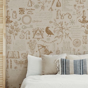 Light beige alchemy motive wallpaper with plants and mystic symbols* | self-adhesive, removable, peel and stick wall mural