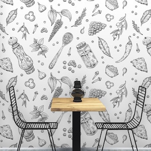 Herb and Spice Wallpaper, Restaurant & Kitchen Wall Decor, Gastronomy Themed | Peel and Stick (Self Adhesive) or Non Adhesive Vinyl Paper