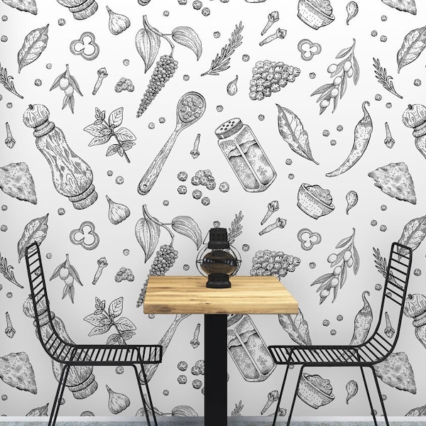 Herb and Spice Wallpaper, Restaurant & Kitchen Wall Decor, Gastronomy Themed | Peel and Stick (Self Adhesive) or Non Adhesive Vinyl Paper