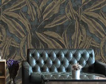 Papel pintado de hojas de plátano en hormigón azul / Mural de pared autoadhesivo y removible