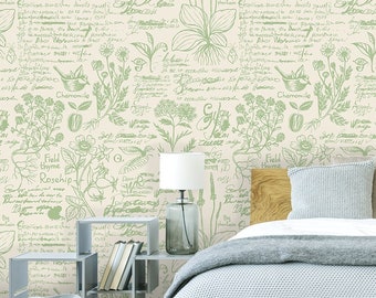 Beige green herbal medicine writings, healing mixtures and herbs pattern wallpaper | self-adhesive, removable, peel & stick wall mural