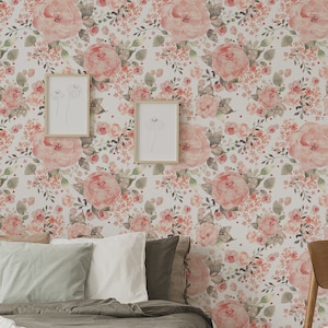 Colorful floral pattern, watercolor roses and peonies, peel and stick wall mural