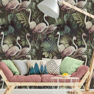 Watercolor wallpaper with flamingo and tropical leaves, self adhesive, peel and stick floral wall mural