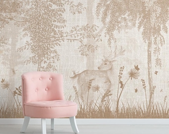 Papel de parede mural com veados na floresta, adesivo removível ou vinil tradicional.