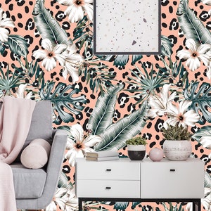 Peach wallpaper with hawaii hibiscus flower motive | self-adhesive, removable, peel and stick wall mural