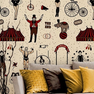 Circus Themed Wallpaper, Circus Artists & Acrobats, Elephant, Circus Animal | Peel and Stick(Self Adhesive) or Non Adhesive Vinyl Paper