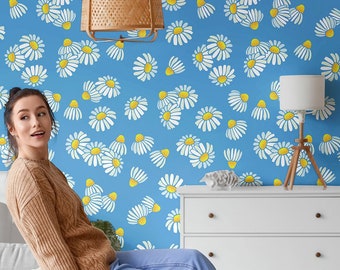 Daisy Floral Wallpaper, Blue Blossom Print, Peel and Stick Vinyl