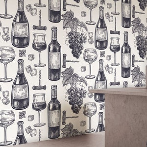 Grape Fruits, Wine Bottle & Glass Wallpaper, Kitchen and Restaurant Wall Mural | Peel and Stick (Self Adhesive) or Non Adhesive Vinyl Paper