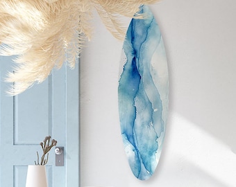 Decoração de parede em formato de prancha de surf azul oceano, impressão boho dibond feita à mão, fixação magnética.